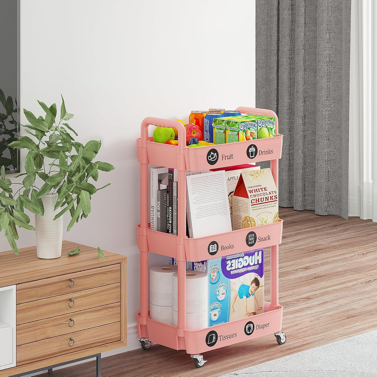 3 Tier Rolling Cart with Wheels, Utility Storage Carts,Pink