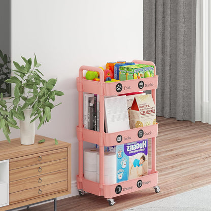 3 Tier Rolling Cart with Wheels, Utility Storage Carts,Pink