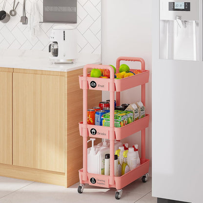 3 Tier Rolling Cart with Wheels, Utility Storage Carts,Pink
