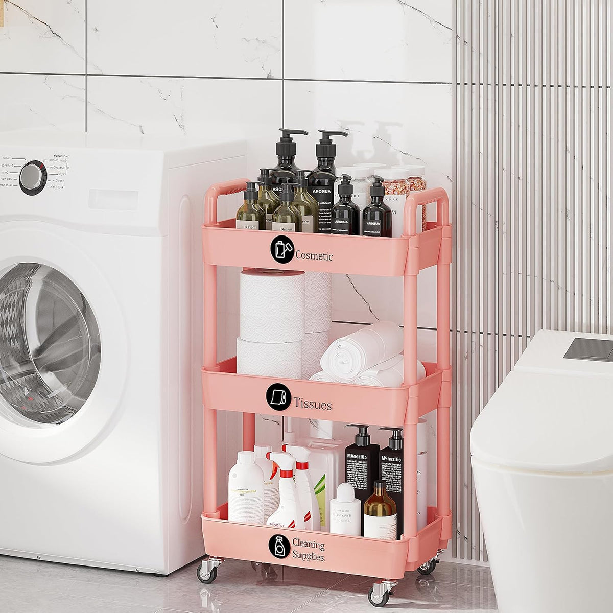 3 Tier Rolling Cart with Wheels, Utility Storage Carts,Pink