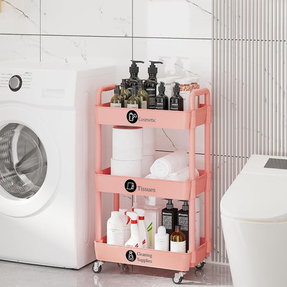 3 Tier Rolling Cart with Wheels, Utility Storage Carts,Pink