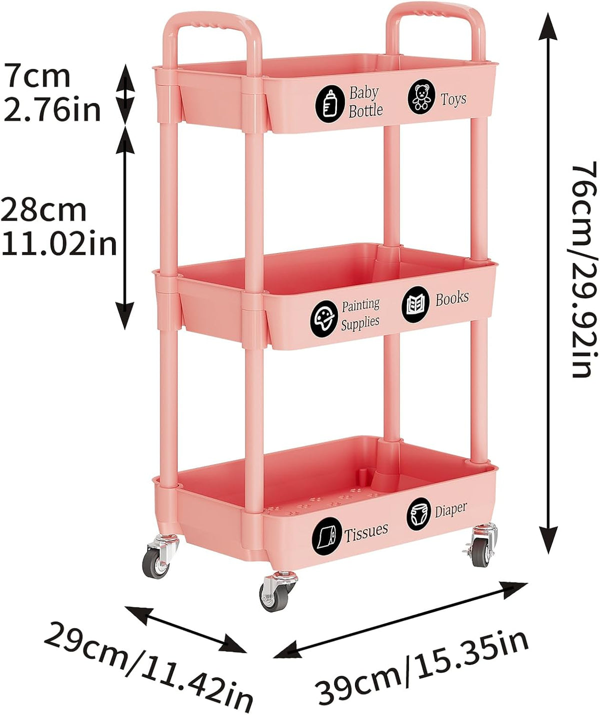 3 Tier Rolling Cart with Wheels, Utility Storage Carts,Pink
