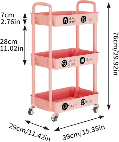 3 Tier Rolling Cart with Wheels, Utility Storage Carts,Pink