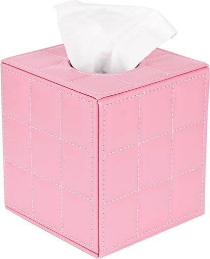 Pink Square Tissue Box Cover - Vegan Leather Modern Cube Facial Tissue Holder for Bathroom, Living Room and Office Decor
