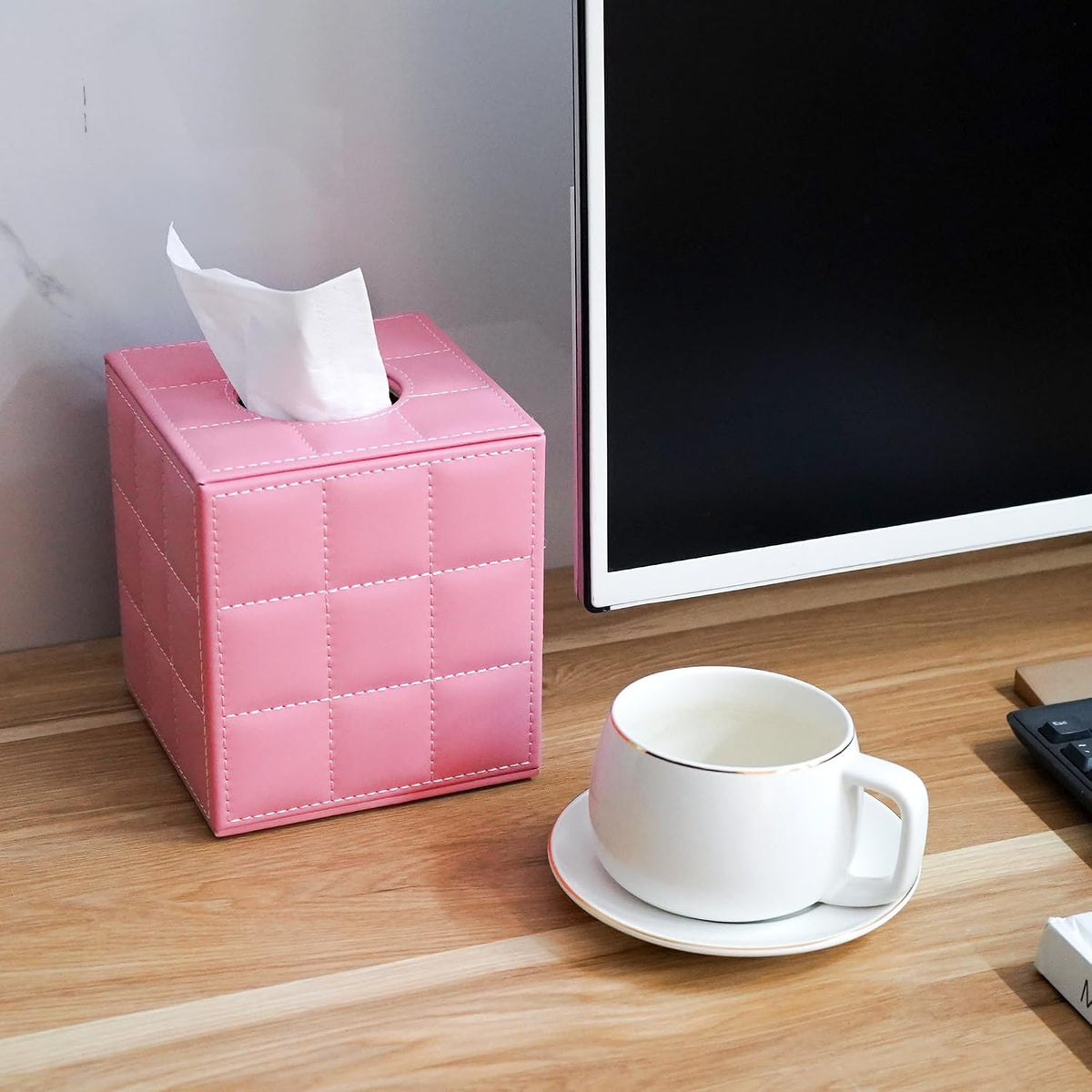 Pink Square Tissue Box Cover - Vegan Leather Modern Cube Facial Tissue Holder for Bathroom, Living Room and Office Decor