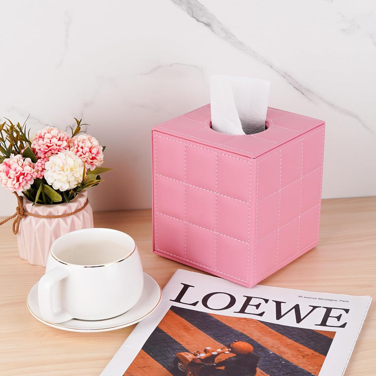 Pink Square Tissue Box Cover - Vegan Leather Modern Cube Facial Tissue Holder for Bathroom, Living Room and Office Decor