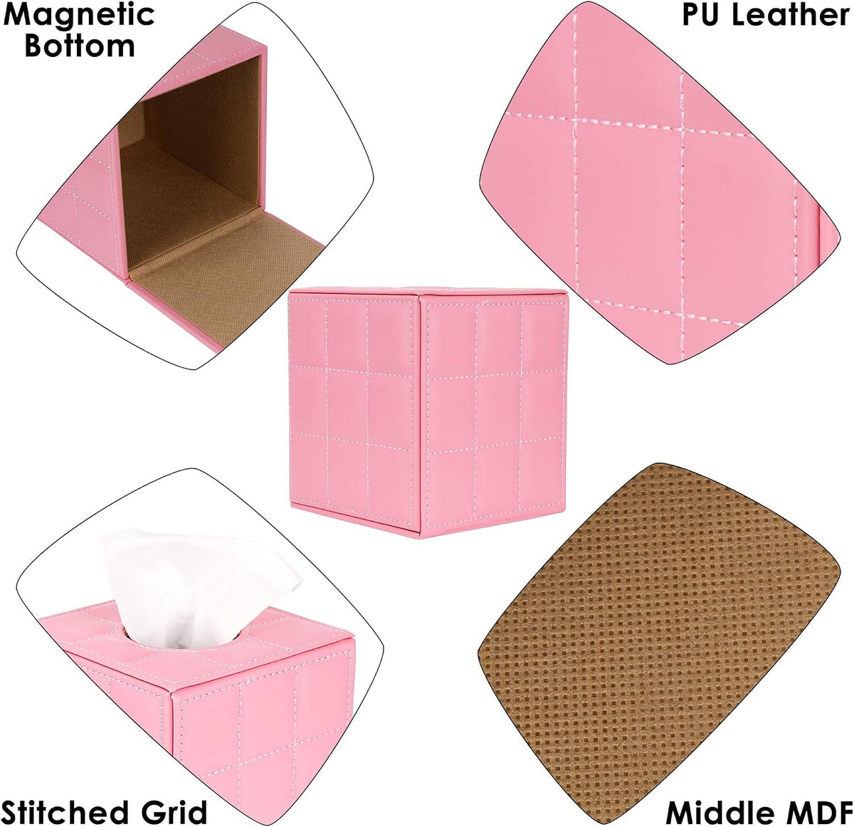 Pink Square Tissue Box Cover - Vegan Leather Modern Cube Facial Tissue Holder for Bathroom, Living Room and Office Decor