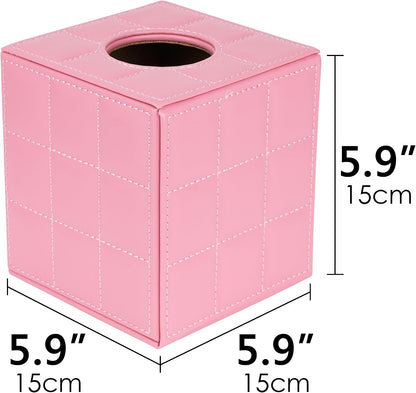 Pink Square Tissue Box Cover - Vegan Leather Modern Cube Facial Tissue Holder for Bathroom, Living Room and Office Decor