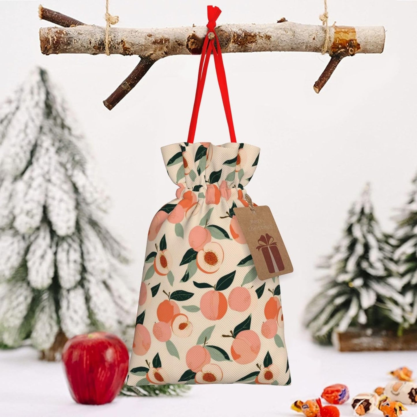 Peaches (3) Print Christmas Drawstring Gift Bags, Reusable Candy Treat Bags For Holiday Birthday Party