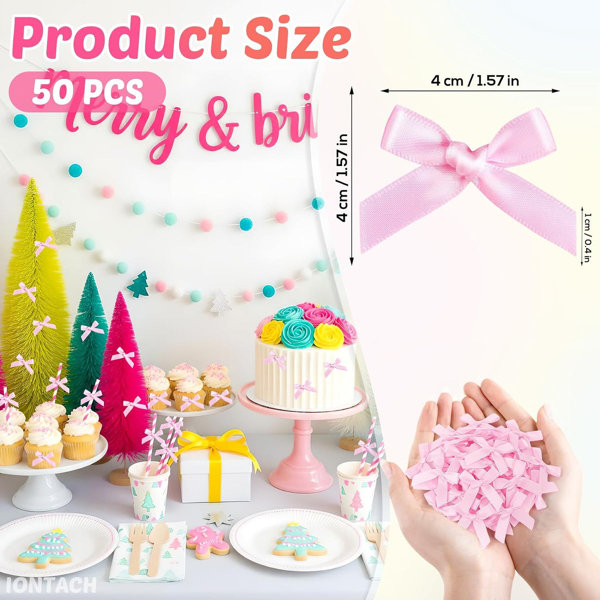 1.57 Inch Mini Light Pink Satin Ribbon Bows for Crafts (50 Packs)