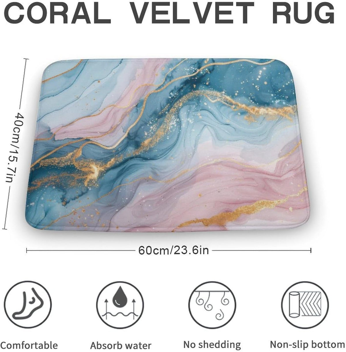 Marble Bathroom Rugs Mat 15.7" x23.6, Modern Luxury Foil Texture Pink Blue Gold Marble Extra Soft Microfiber Bath Rugs, Non-Slip Bath Carpet, Absorbent Bath Mat for Bathroom Floor, Tub and Shower