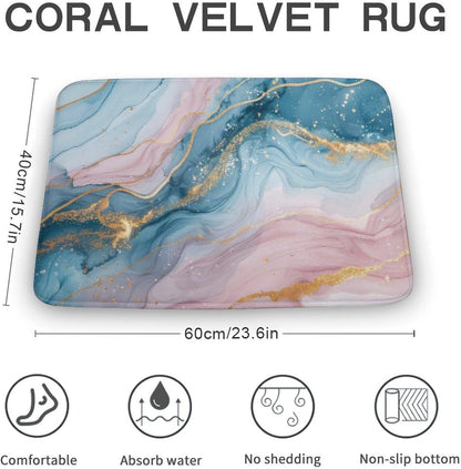 Marble Bathroom Rugs Mat 15.7" x23.6, Modern Luxury Foil Texture Pink Blue Gold Marble Extra Soft Microfiber Bath Rugs, Non-Slip Bath Carpet, Absorbent Bath Mat for Bathroom Floor, Tub and Shower