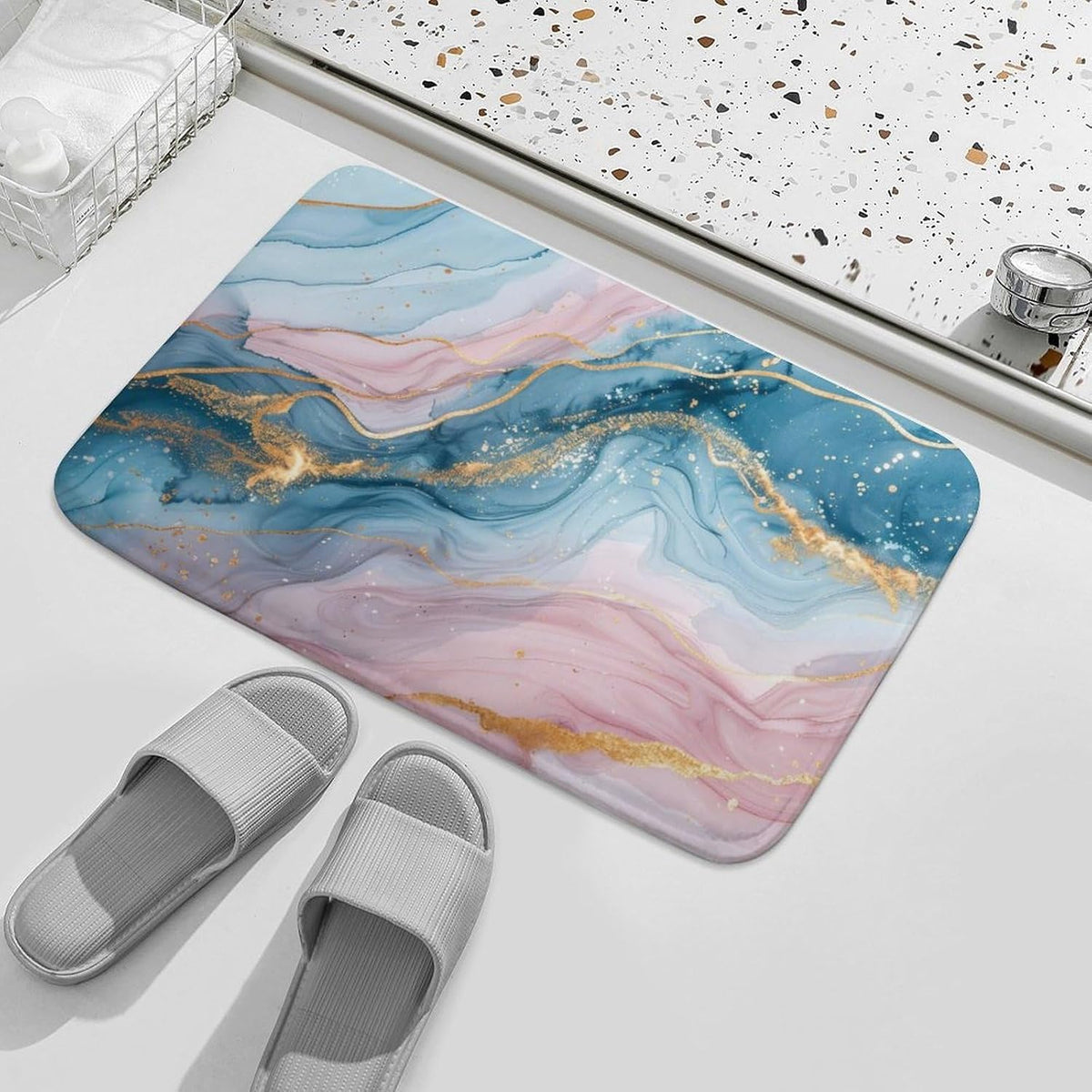 Marble Bathroom Rugs Mat 15.7" x23.6, Modern Luxury Foil Texture Pink Blue Gold Marble Extra Soft Microfiber Bath Rugs, Non-Slip Bath Carpet, Absorbent Bath Mat for Bathroom Floor, Tub and Shower