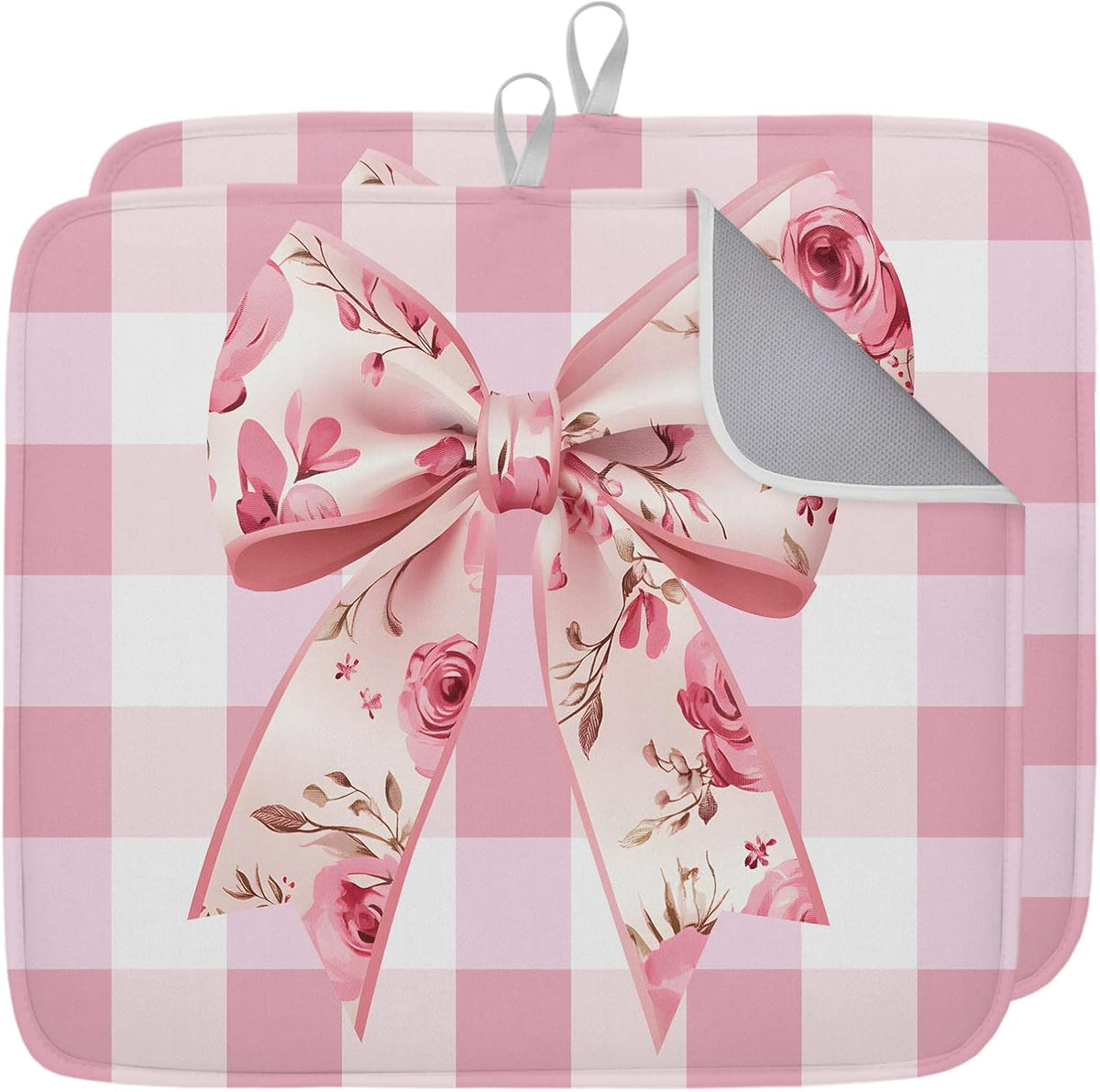 Dish Drying Mat Rose Bow Kitchen Counter Drying Pad for Dishes Glasses Cups and Cookware Pink White Check Absorbent Dish Drying Mat Machine Washable Kitchen Accessories 2 Pack 16" x 18"
