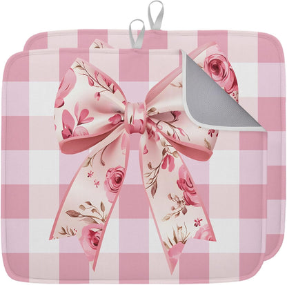 Dish Drying Mat Rose Bow Kitchen Counter Drying Pad for Dishes Glasses Cups and Cookware Pink White Check Absorbent Dish Drying Mat Machine Washable Kitchen Accessories 2 Pack 16" x 18"