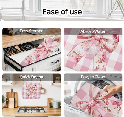 Dish Drying Mat Rose Bow Kitchen Counter Drying Pad for Dishes Glasses Cups and Cookware Pink White Check Absorbent Dish Drying Mat Machine Washable Kitchen Accessories 2 Pack 16" x 18"