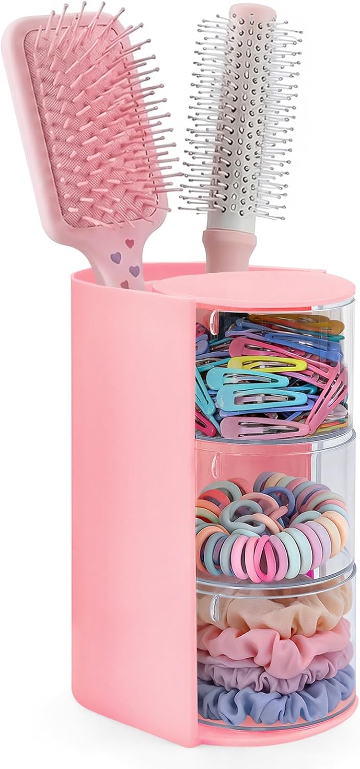 Hair Accessories Organizer with Hair Brush Holder, Rotating Hair Tie Product Organizer for Girls, 3-Tier Makeup Brush Holder for Clips, Bows & Brushes (Pink, 3-Tier)