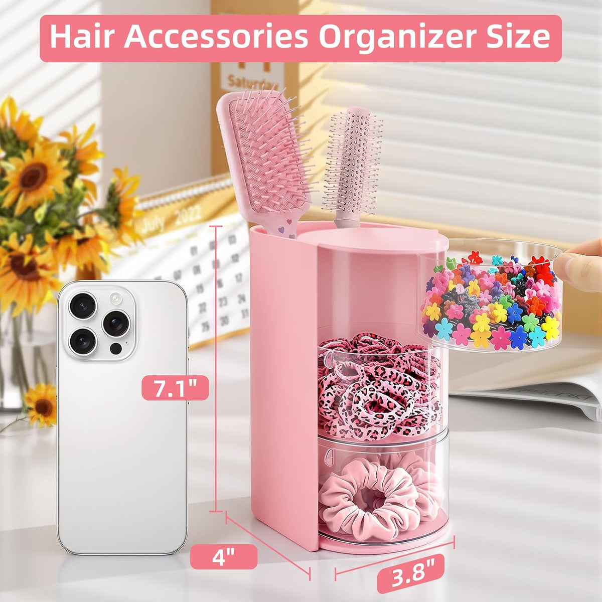 Hair Accessories Organizer with Hair Brush Holder, Rotating Hair Tie Product Organizer for Girls, 3-Tier Makeup Brush Holder for Clips, Bows & Brushes (Pink, 3-Tier)