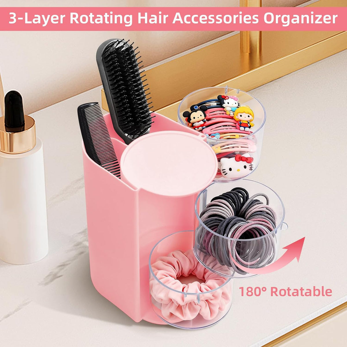 Hair Accessories Organizer with Hair Brush Holder, Rotating Hair Tie Product Organizer for Girls, 3-Tier Makeup Brush Holder for Clips, Bows & Brushes (Pink, 3-Tier)