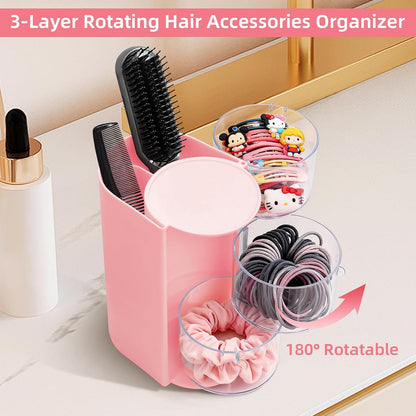 Hair Accessories Organizer with Hair Brush Holder, Rotating Hair Tie Product Organizer for Girls, 3-Tier Makeup Brush Holder for Clips, Bows & Brushes (Pink, 3-Tier)
