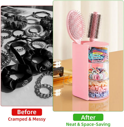 Hair Accessories Organizer with Hair Brush Holder, Rotating Hair Tie Product Organizer for Girls, 3-Tier Makeup Brush Holder for Clips, Bows & Brushes (Pink, 3-Tier)