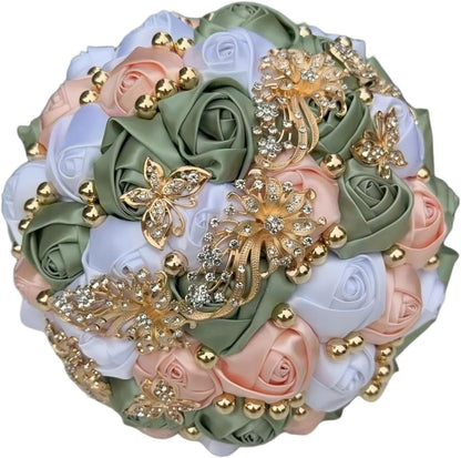 Handmade Wedding Bouquet with Golden Rhinestone Brooch Pearl Bridal Bouquet for Bride Bridesmaid Quinceanera Satin Rose Flower Bouquet Wedding Sage Green Pale Pink and White 7.1in
