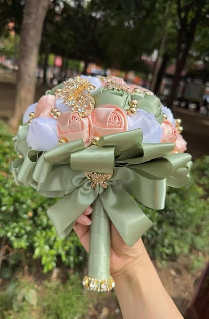Handmade Wedding Bouquet with Golden Rhinestone Brooch Pearl Bridal Bouquet for Bride Bridesmaid Quinceanera Satin Rose Flower Bouquet Wedding Sage Green Pale Pink and White 7.1in
