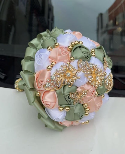Handmade Wedding Bouquet with Golden Rhinestone Brooch Pearl Bridal Bouquet for Bride Bridesmaid Quinceanera Satin Rose Flower Bouquet Wedding Sage Green Pale Pink and White 7.1in
