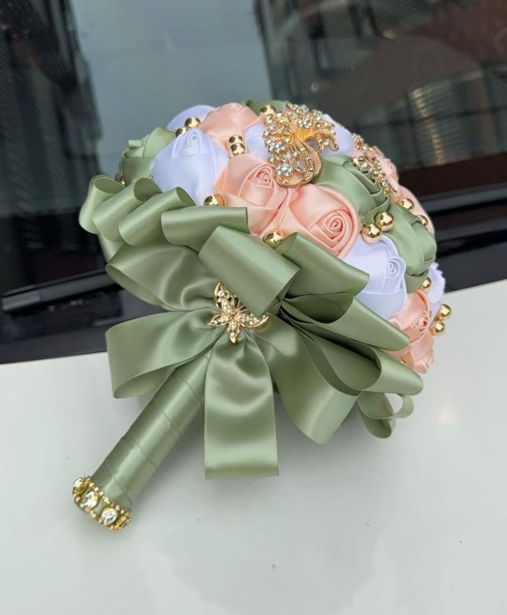 Handmade Wedding Bouquet with Golden Rhinestone Brooch Pearl Bridal Bouquet for Bride Bridesmaid Quinceanera Satin Rose Flower Bouquet Wedding Sage Green Pale Pink and White 7.1in