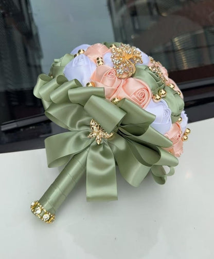 Handmade Wedding Bouquet with Golden Rhinestone Brooch Pearl Bridal Bouquet for Bride Bridesmaid Quinceanera Satin Rose Flower Bouquet Wedding Sage Green Pale Pink and White 7.1in