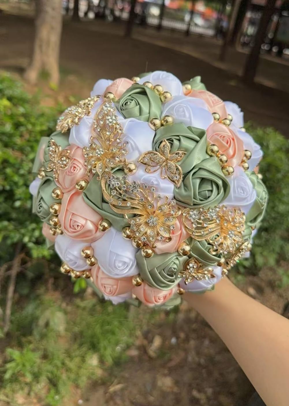 Handmade Wedding Bouquet with Golden Rhinestone Brooch Pearl Bridal Bouquet for Bride Bridesmaid Quinceanera Satin Rose Flower Bouquet Wedding Sage Green Pale Pink and White 7.1in