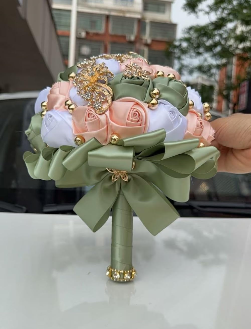 Handmade Wedding Bouquet with Golden Rhinestone Brooch Pearl Bridal Bouquet for Bride Bridesmaid Quinceanera Satin Rose Flower Bouquet Wedding Sage Green Pale Pink and White 7.1in