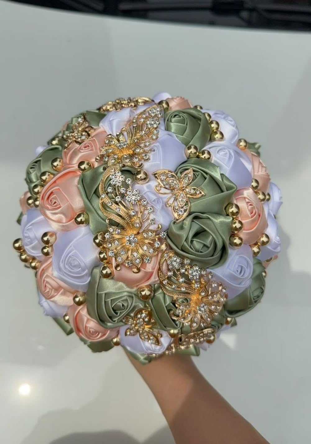 Handmade Wedding Bouquet with Golden Rhinestone Brooch Pearl Bridal Bouquet for Bride Bridesmaid Quinceanera Satin Rose Flower Bouquet Wedding Sage Green Pale Pink and White 7.1in