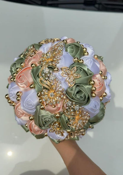 Handmade Wedding Bouquet with Golden Rhinestone Brooch Pearl Bridal Bouquet for Bride Bridesmaid Quinceanera Satin Rose Flower Bouquet Wedding Sage Green Pale Pink and White 7.1in
