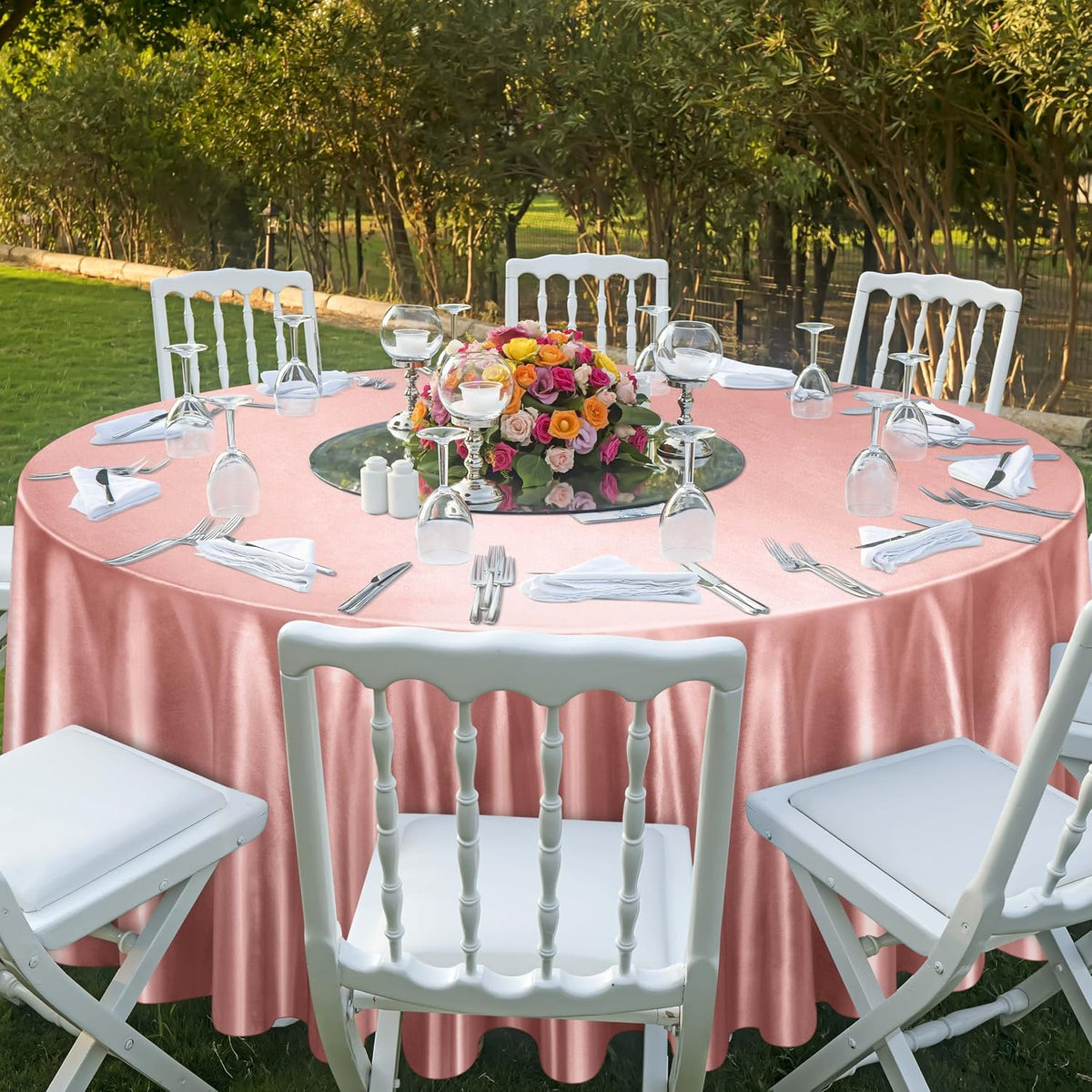 120 Inches Round Satin Tablecloths Rose Gold Overlay Round Satin Table Cover Bright Silk Tablecloth Smooth Fabric Tablecloth for Wedding Banquet Table Decoration