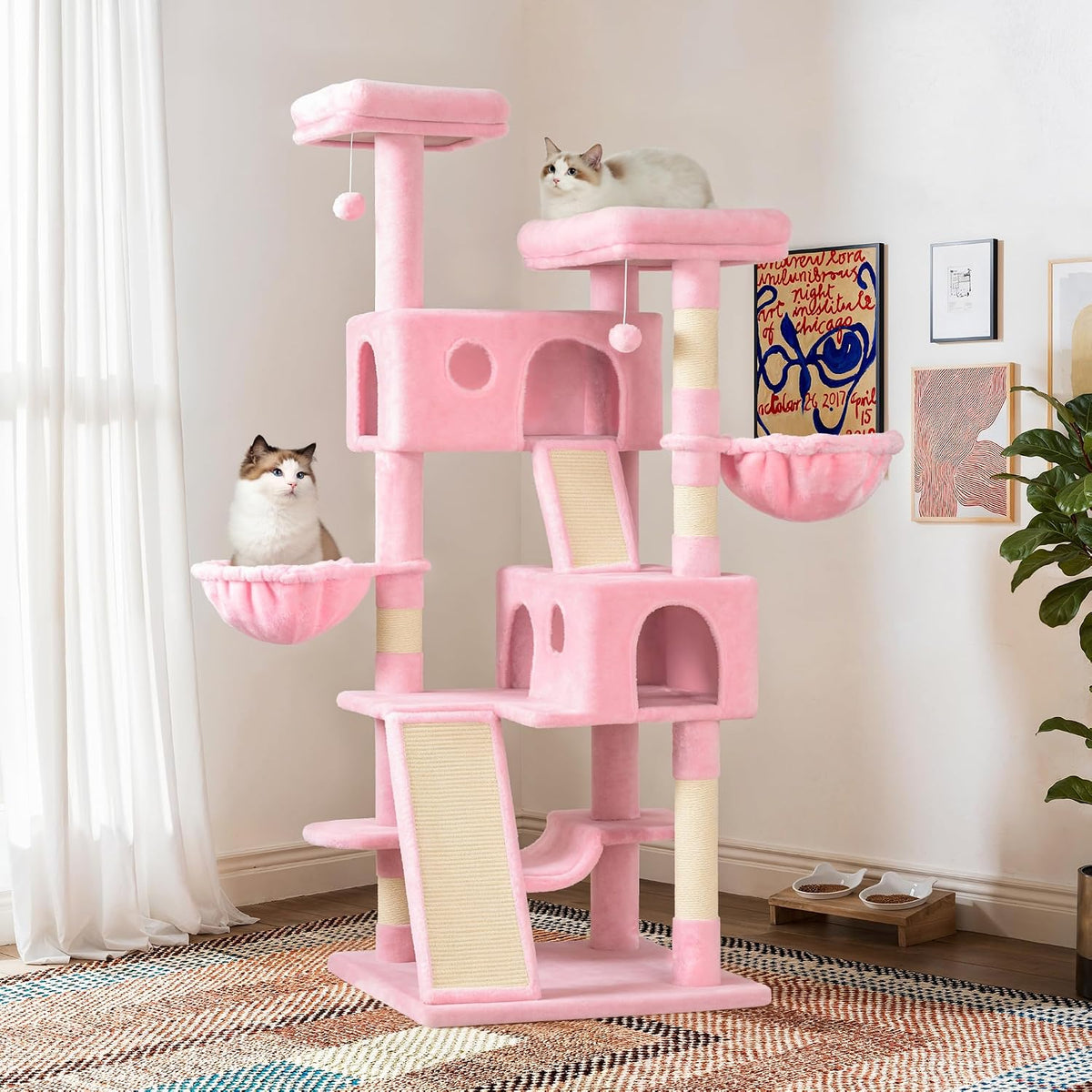 65in Larger Cat Tree Tower Condo for Indoor Kitties/Multi-Level Furniture Activity Center with Wide Base/Cozy Plush Cat Perches/Baskets/Sisal Scratching Posts and Hammock/Pink