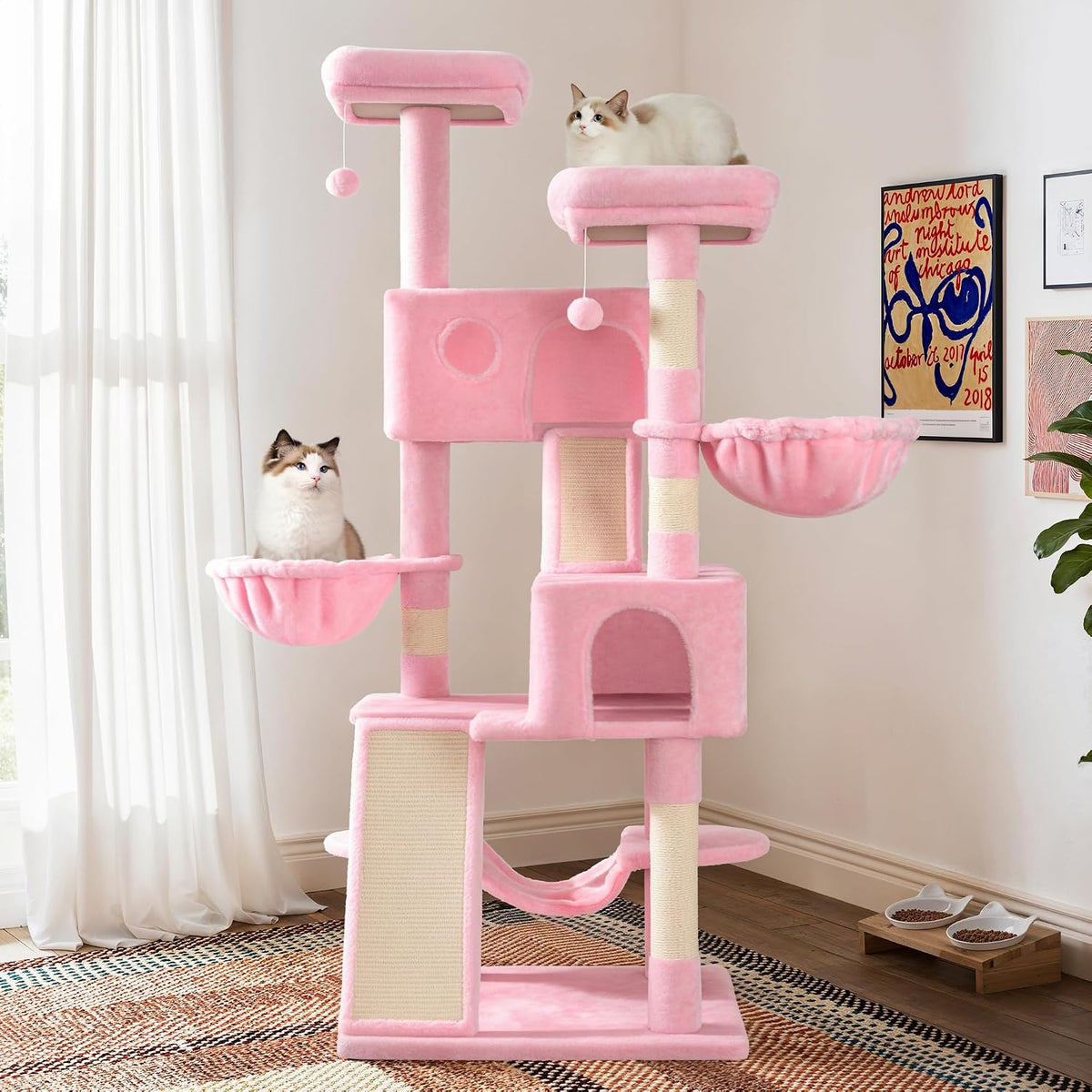 65in Larger Cat Tree Tower Condo for Indoor Kitties/Multi-Level Furniture Activity Center with Wide Base/Cozy Plush Cat Perches/Baskets/Sisal Scratching Posts and Hammock/Pink