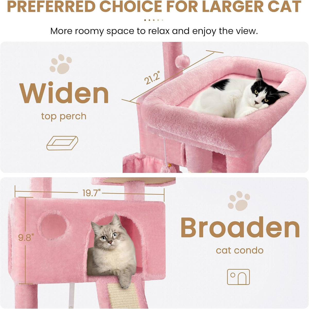 65in Larger Cat Tree Tower Condo for Indoor Kitties/Multi-Level Furniture Activity Center with Wide Base/Cozy Plush Cat Perches/Baskets/Sisal Scratching Posts and Hammock/Pink