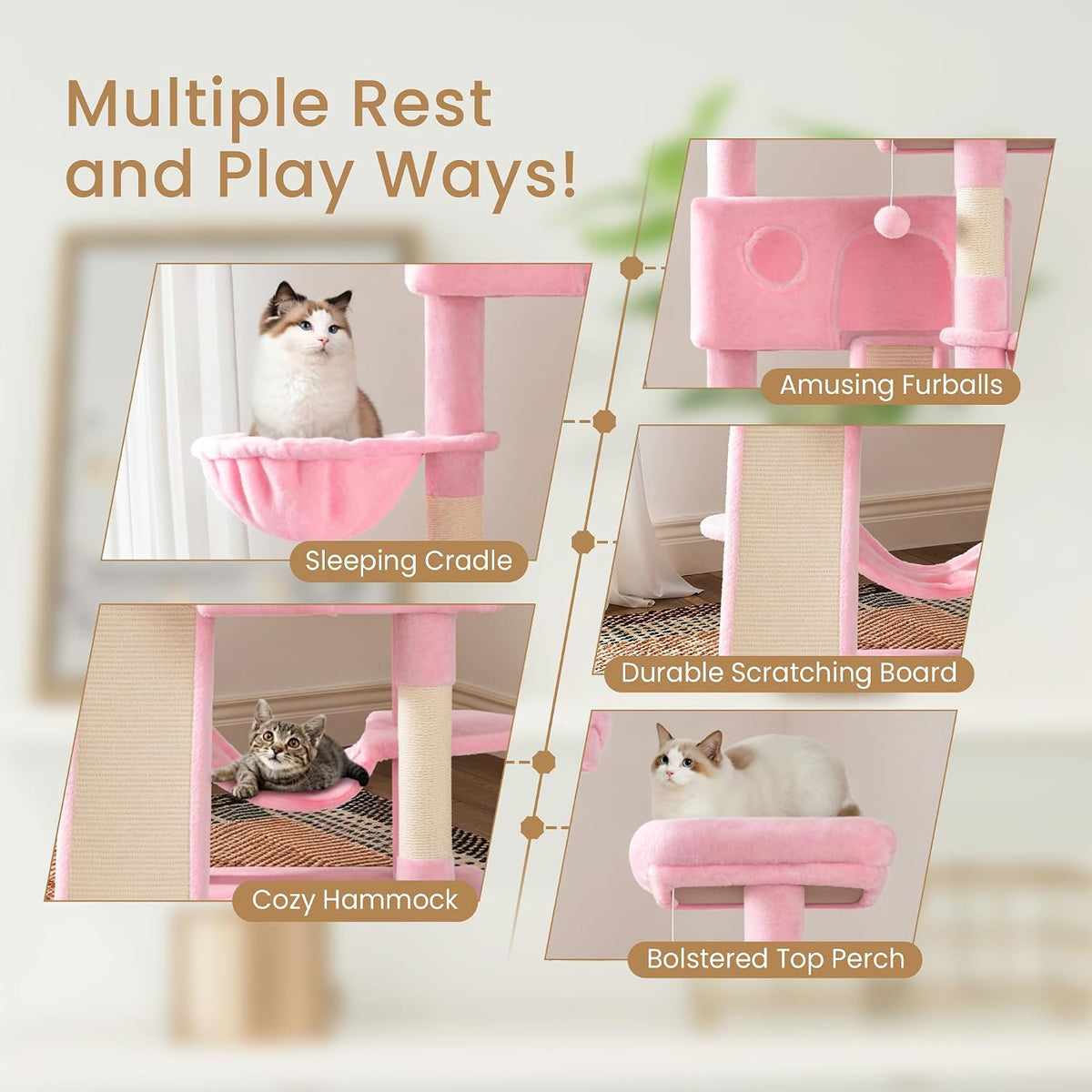 65in Larger Cat Tree Tower Condo for Indoor Kitties/Multi-Level Furniture Activity Center with Wide Base/Cozy Plush Cat Perches/Baskets/Sisal Scratching Posts and Hammock/Pink