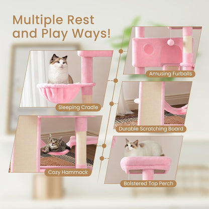 65in Larger Cat Tree Tower Condo for Indoor Kitties/Multi-Level Furniture Activity Center with Wide Base/Cozy Plush Cat Perches/Baskets/Sisal Scratching Posts and Hammock/Pink