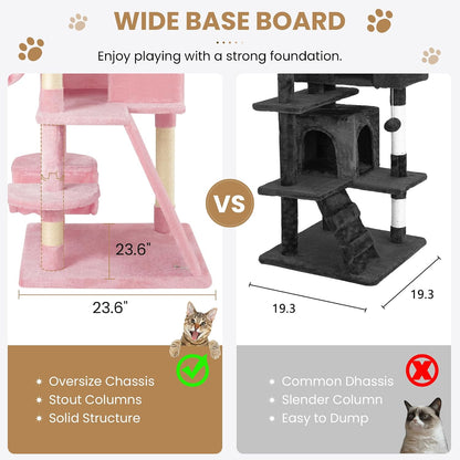 65in Larger Cat Tree Tower Condo for Indoor Kitties/Multi-Level Furniture Activity Center with Wide Base/Cozy Plush Cat Perches/Baskets/Sisal Scratching Posts and Hammock/Pink