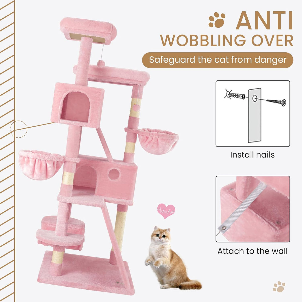 65in Larger Cat Tree Tower Condo for Indoor Kitties/Multi-Level Furniture Activity Center with Wide Base/Cozy Plush Cat Perches/Baskets/Sisal Scratching Posts and Hammock/Pink