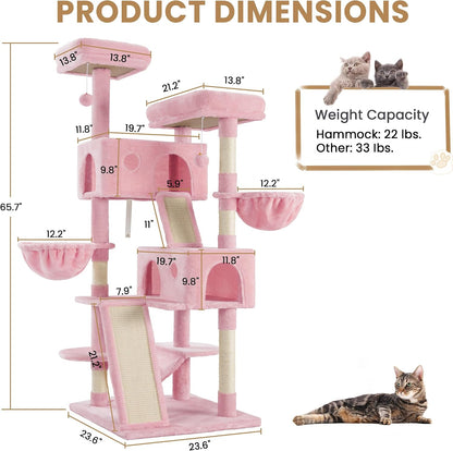 65in Larger Cat Tree Tower Condo for Indoor Kitties/Multi-Level Furniture Activity Center with Wide Base/Cozy Plush Cat Perches/Baskets/Sisal Scratching Posts and Hammock/Pink