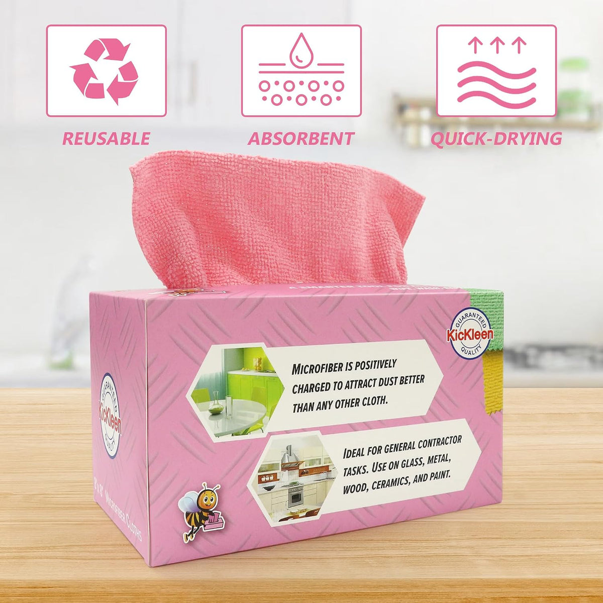 Microfiber Cleaning Cloth, Lint-Free Shop Towels Reusable, Bulk Rags in a Box for Home, Kitchen and Car, 8 Inch x 8 Inch,40 Pack with Box (Pink)