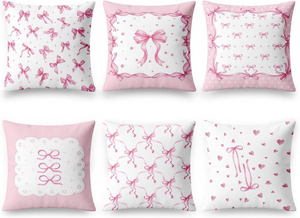 Throw Pillow Covers Set of 6, 18 x 18 Inch, Bow Pink Preppy