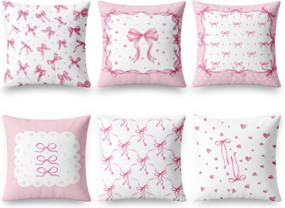 Throw Pillow Covers Set of 6, 18 x 18 Inch, Bow Pink Preppy