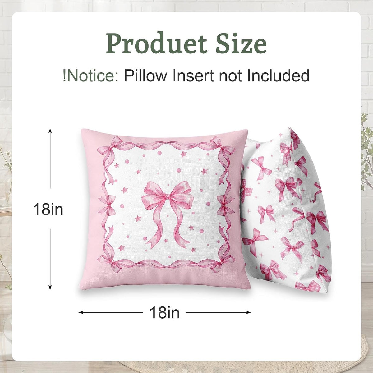Throw Pillow Covers Set of 6, 18 x 18 Inch, Bow Pink Preppy