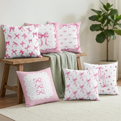 Throw Pillow Covers Set of 6, 18 x 18 Inch, Bow Pink Preppy