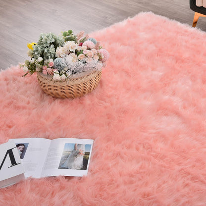 Pink Fluffy Sheepskin Fur Area Rugs for Bedroom Washable Furry Carpet Rug for Living Room Faux Fur Rug 2x3 Nursery