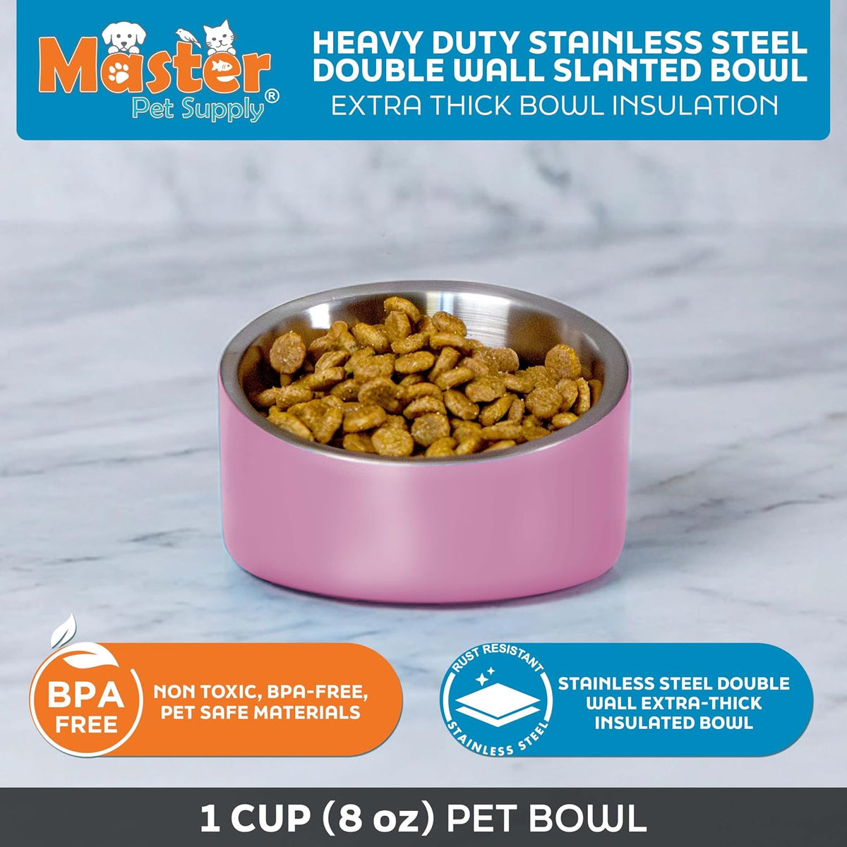 Stainless Steel Slanted Dog Cat Food Bowl 8 oz Hyper Pink